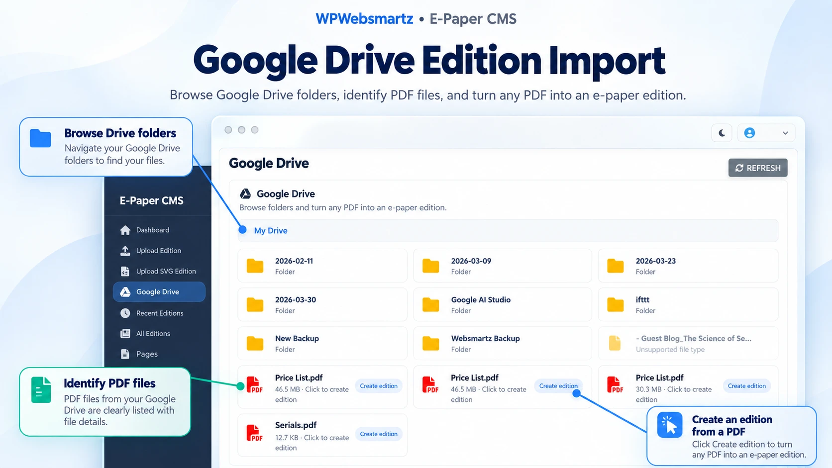 Google Drive Edition Import feature showcase with annotated controls