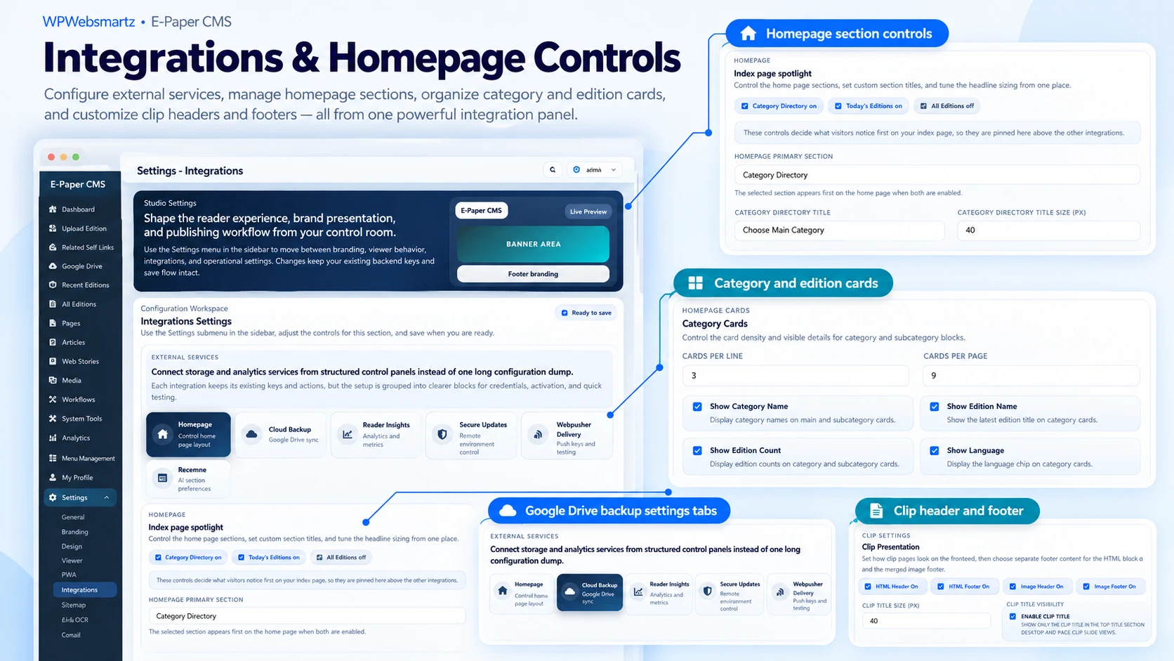 Integrations & Homepage Controls feature showcase with annotated controls