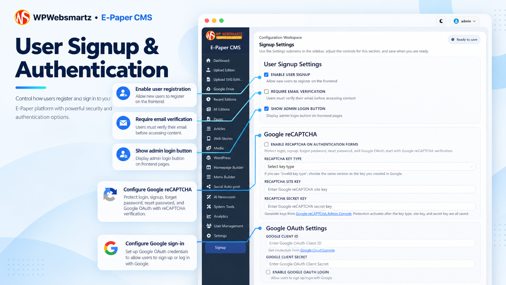 User Signup & Authentication feature showcase with annotated controls